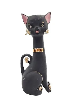 Vintage Geo Z Lefton Matte Black Spaghetti Cat Vase Rhinestone Eyes 7  Figural  • $39.99