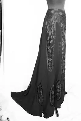 Rare French Antique Victorian Black Silk Crepe & Lace Bustle Skirt 23  Waist • $890.83