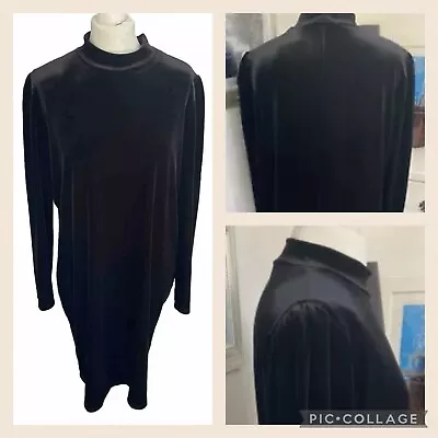 Ladies Dress Size UK20 Black Velvet Long Sleeve Turtle Neck Stretch Mid Length • £9.47