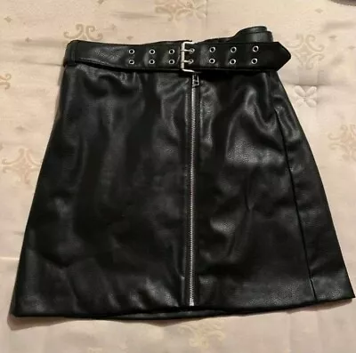 H&M Divided Black Leather Skirt Zip Belt Size 10 • £8