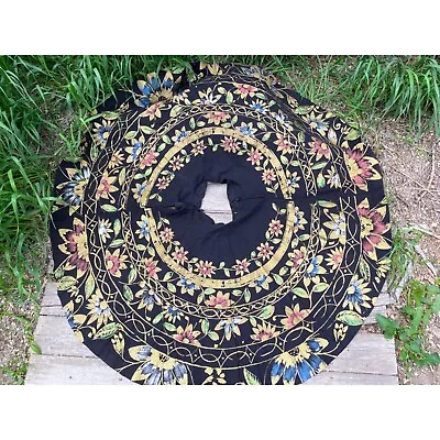 Vintage 1950s Mexican Circle Skirt Cotton Hand Panted Gold Floral • $152.47