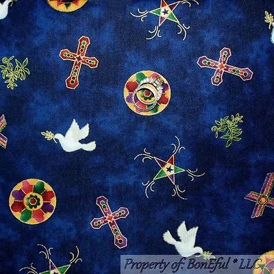 BonEful Fabric FQ Cotton Quilt Blue God Easter CROSS Dove Bird Star Christian US • $6.30