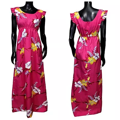 Vintage 70s Hukilau Hawaii Womens S Hot Pink Hawaiian Empire Waist Maxi Dress • $39.99