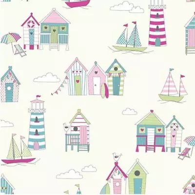 100% Cotton Fabric Lifestyle Beach Huts Lighthouses Sailing Boats 140cm Wide • £3.50