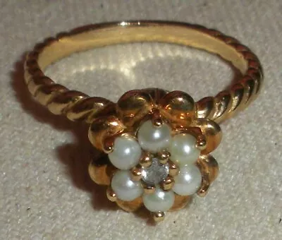 VINTAGE 10K GOLD DIAMOND PEARL TULIP ENGAGEMENT WEDDING BAND RING SIZE6 1/8 Tuvi • $275