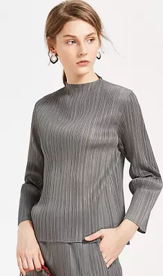 Issey Miyake Pleats Please Turtleneck Pleated Blouse - Grey • $106.58