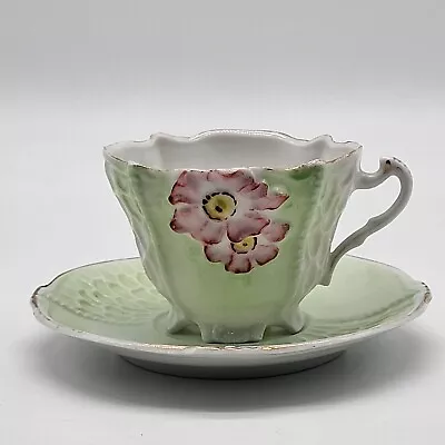 VTG Miniature Floral Tea Cup And Saucer Textured Hand Painted Gold Etched • $25