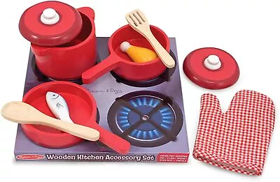  Melissa & Doug Deluxe Wooden Kitchen Accessory Set Red - Pots & Pans 8 Pcs 2610 • $24.99