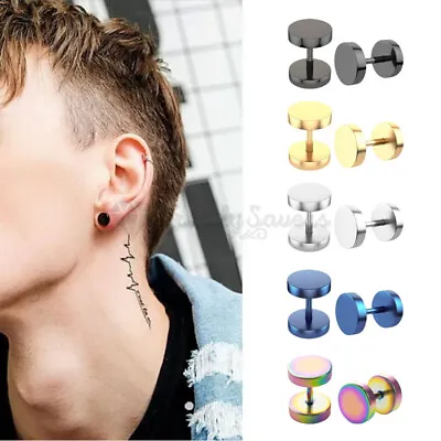 8MM Punk Piercing Fake Ear Plugs Black Gold Silver Stainless Steel Stud Earrings • £3.99