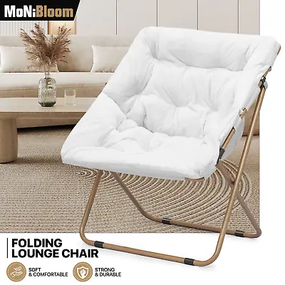 White Folding Saucer Moon Lounge Chair Oversized Square Faux Fur Upholstery Seat • $57.99