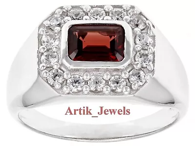 Natural Garnet Gemstone With 14K White Gold Plated Silver Ring For Men #796 • $90.51