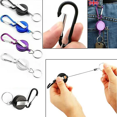 Retractable ID Card Holder Badge Keychain Security Carabiner Recoil Steel Clip • £2.29
