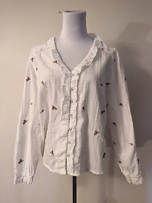 New Fat Face Sz US 8 Shirt White Ruffle Button Embroidered Flowers Top Ls S5 • £28.94