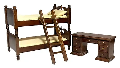 VTG 1960 Concord Miniatures Dollhouse Walnut Bunk Bed Ladder & Library Desk 1:12 • $29.99