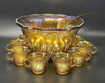 Carnival Vintage Indiana Glass Punch Bowl  Marigold  W 22 Cups & Ladel • $80