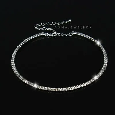 £3.95 • Buy 1 2 Row Silver Clear Rhinestone Diamante Crystal CZ Choker Necklace Party Gift