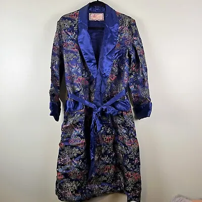 VTG Solz Squirrel Sz 40 Blue Satin Long Smoking Jacket Asian Themed Robe • $49.95