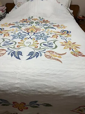 Stunning Vtg Hand Embroidered Hand Quilted Flower Quilt 96 X 87 Never Been Used • $229