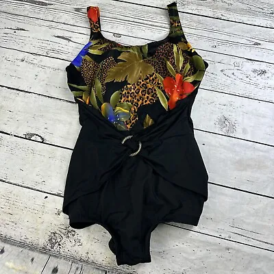 Slim Allure SwimSuit 16 C+ Black Gold Hawaiian Print One Piece Vintage • $9.99