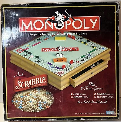 Monopoly Scrabble + 4 Classic Games Solid Wood Cabinet 215261 New Contents 2007 • $101.99