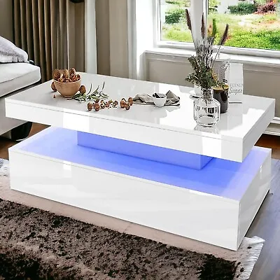LED Coffee Table Wooden 2 Drawer Storage High Gloss Modern Living Room Furniture • £75.99