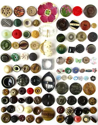 Over 100 Plastic Celluloid Glass And Coconut Shell Buttons & Buckles • $11
