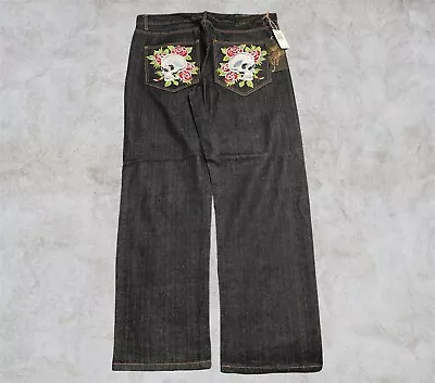 Y2k Ed Hardy Christian Audigier Jeans 38x34 Skull Rose EmbroideryDenim Y2k Baggy • $70