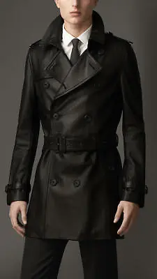 Men's Genuine Lambskin Leather Trench Coat Long Coat Stylish Belted Black Jacket • $143.99