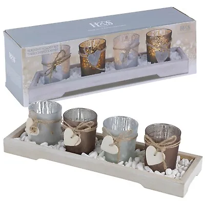 £9.99 • Buy Home Decor 4 Tea Light Holders With Modern Wood Tray Decorative Stones Gift Set
