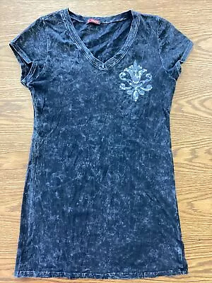 T Party Top Woman Sz M Black Vintage Look Rhinestone Super Soft Stretchy • $4