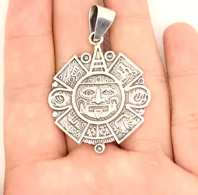 925 Sterling Silver Flat Detailed Aztec Calendar Mayan Sun Face Pendant 35.8mm • $69.99