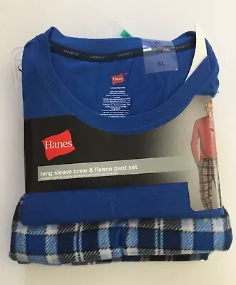 Hanes Men's Fleece Pajama Set Long Sleeve Sleepwear Blue Plaid Size XL • $19.99