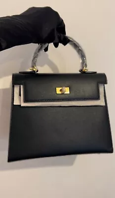 Black Kelly Bag Gold Key Lock Hardware Hand Held  Strap Faux Leather • £160