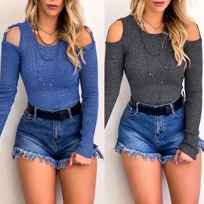 Long Sleeves T-Shirt Crop Tops Casual Womens Halter Sexy Blouse Off Shoulder • £9.99