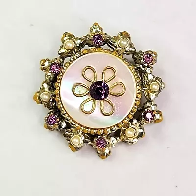 Coro Brooch Vtg Mother Of Pearl Purple Rhinestones Gold Tone Runod Pin 1.25  • $12.99