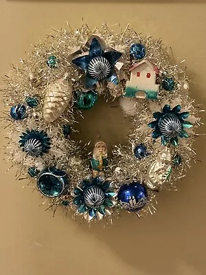 Vintage Mercury Glass Wreath Shiny Brite Ornaments Silver Blue White  13” • $99