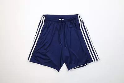 Vintage Adidas Mens Medium Spell Out Above Knee Running Soccer Shorts Navy Blue • $35.95