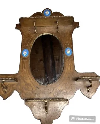 Antique France Carved Wood Wall Mirror With Shelves Cameo Floral Inlay Signed • $169