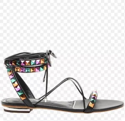 Anthropologie Vicenza Black Embellished Ankle Strap Flat Sandals Size 8 New! • $69.99