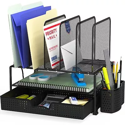 Black Mesh Desk Organizer With Sliding Drawer Double Tray And 5 Upright Sections • $33.58