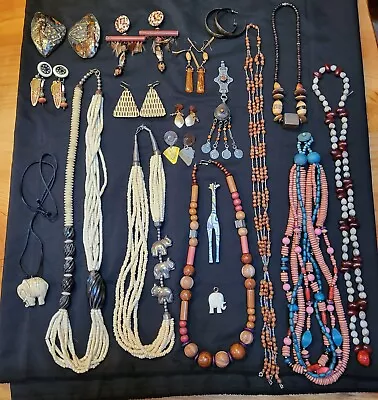 Vtg Large Mixed Lot Of African Tribal Jewelry Earrings Necklces Elephants   • $45