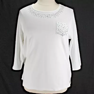 Quacker Factory Knit Top Womens Sz XL White Jewel Embellished 3/4 Sleeve Cotton • $25.99