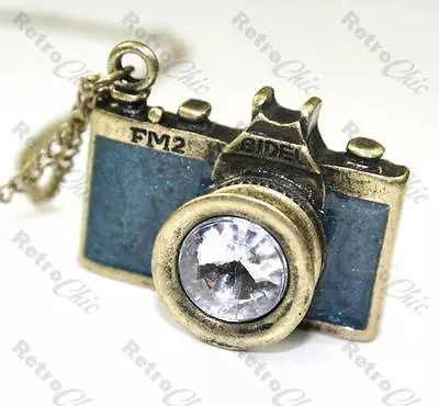 VINTAGE FM2 CAMERA Rhinestone Lens NECKLACE Pendant LONG CHAIN Antique Brass • $3.08