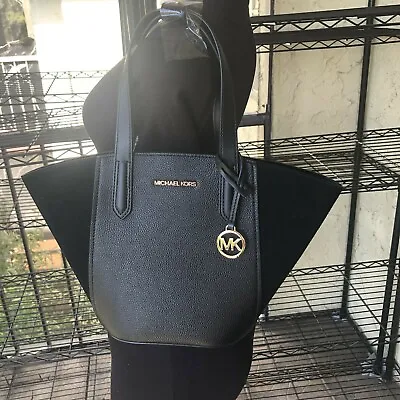 Michael Kors Women Small Leather Suede Tote Shoulder Handbag Purse Bag Black MK • $79.50