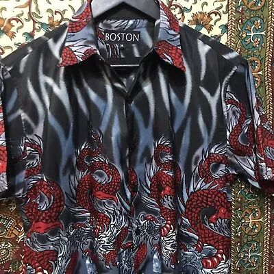 £22.95 • Buy Dragon Skulls & Flames All Over Chinese 90s Vintage Button Up Shirt Medium