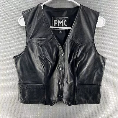 FMC Men's Leather Vest Jacket Biker Motorcycle Sleeveless 4 Snap Lined Black L • $19.50