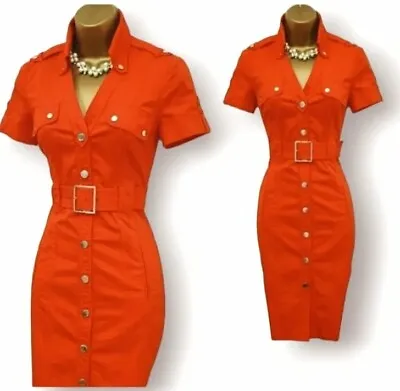 Karen Millen Orange Military Plunge Belted Safari Utility Pencil Dress UK 10 • £69.99