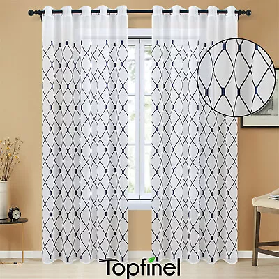 Topfinel 1pc Geometric Lines Gauze Sheer Curtains Bedroom Eyelet Ring Top 55'' • £8.99