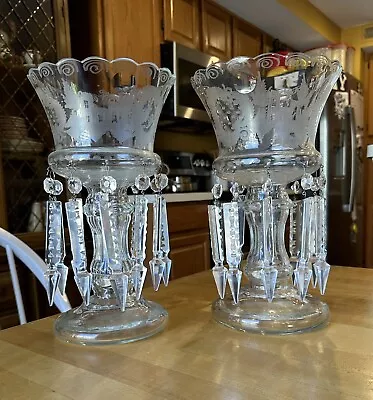 Egermann Etched Bohemian Mantle Lusters Clear Glass W French Cut Prisms RARE • $850