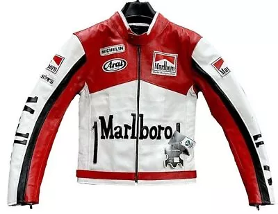 Men Vintage Racing Marlboro Leather Jacket Rare Motorcycle Biker Leather Jacket. • $24.94
